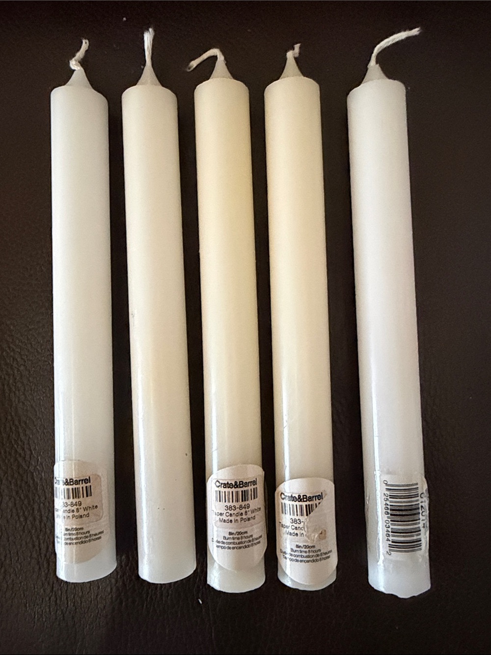Crate & Barrel 8” White/Ivory Taper Candles - Set of 5